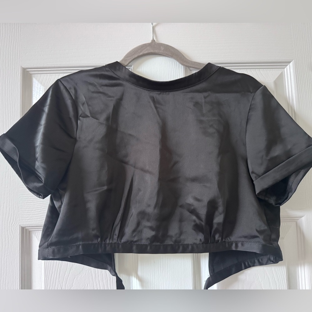 Showpo Black Satin short sleeve crop top open back with wrap around tie US 8